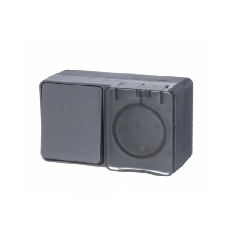 К124 Блок:Роз+выкл 1-кл з/к з/ш о/у IP54 16А Atlas Profi 54 АНТРАЦИТ ATN544070 (6)