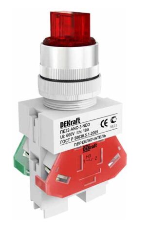 Переключатель  ANC-2 ПЕ-22 мм на 2 полож. I-O 1НО+1НЗ красный (10)  DEKraft