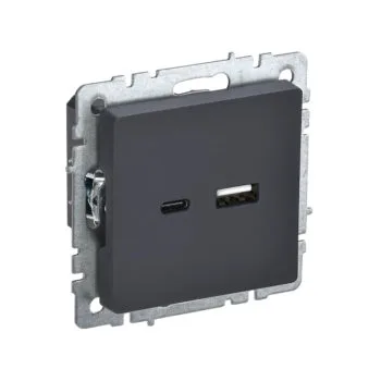 Роз. с з/к с з/ш 16А с USB A+C 18Вт б/рамки "BRITE" графит (1/80)