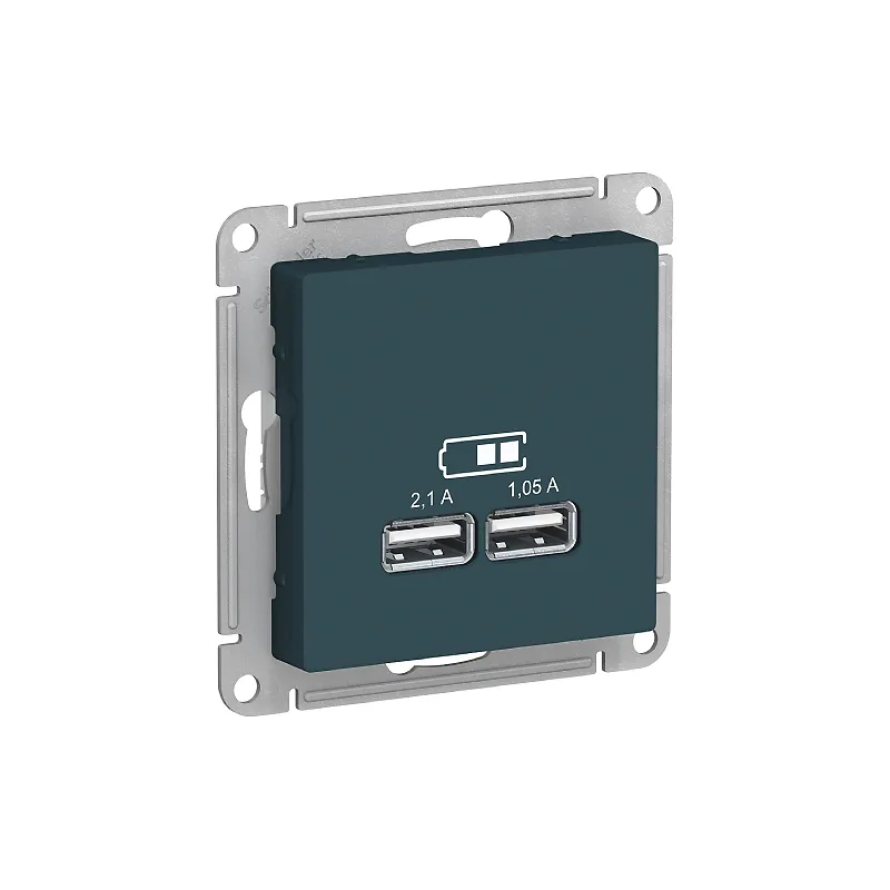 USB Роз. A+A, 5В/2,1 А, 2х5В/1,05 А, механизм, изумруд "ATLAS"