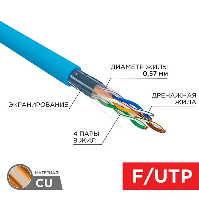 Каб. F/UTP, CAT 6, PVC, 4x2x0,57мм, 23AWG,медн. внутр. синий REXANT 01-0147