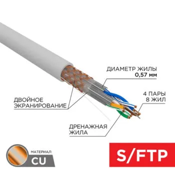Каб.в.п. S/FTP, CAT 6A, ZH нг(А)-HF, 4х2х0,575 мм, 23AWG,медн.внутр. серый, 305м, PRO REXANT 02-0325
