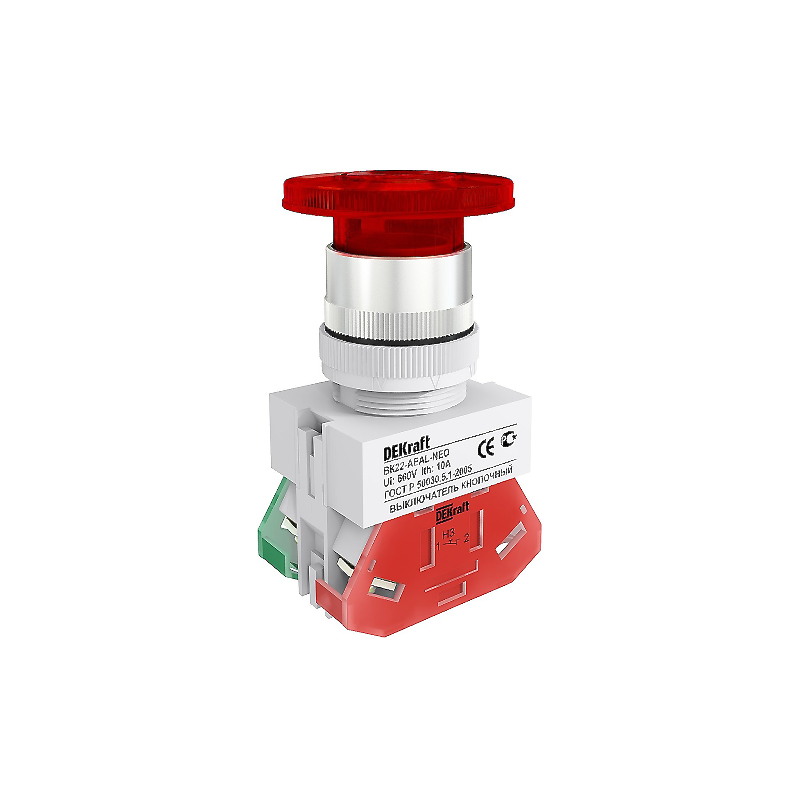 Кнопка AEAL ВК-22 мм красный 1НО+1НЗ LED 220В (10) DEKraft