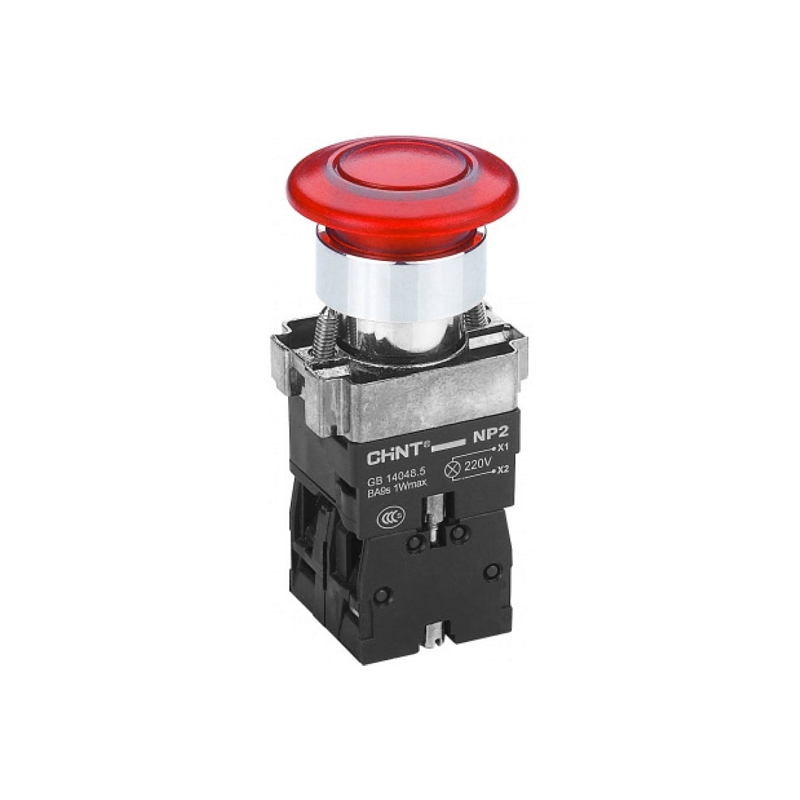 Кнопка упр. "Грибок" Φ40мм с самовозвратом NP2-BW4462 с подс-кой крас. 1НЗ IP40 575495 CHINT (12/96)