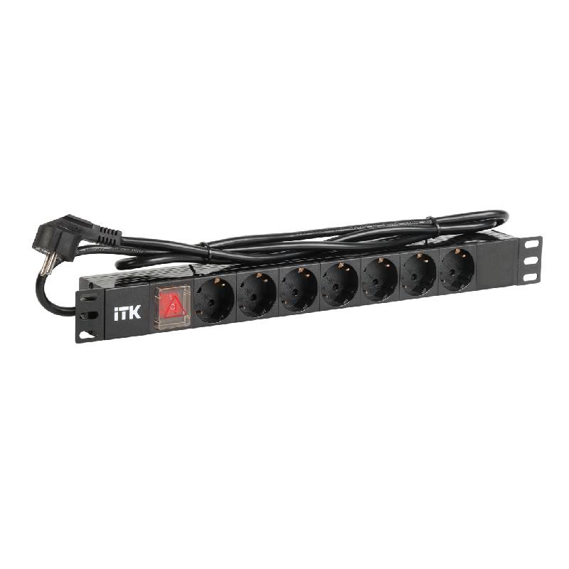 ITK PDU 7 роз. нем.ст. с выкл 1U каб.2м вилка нем.ст ПВХ чер IEK  E-PRO