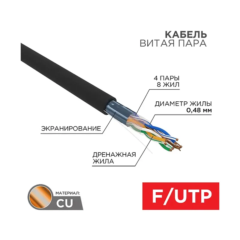 Каб.в.п. F/UTP, CAT 5e,медн. PE, 4PR, 24AWG, OUTDOOR, SOLID, черный, 305м PROconnect 01-0154