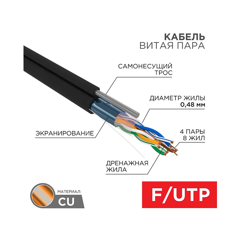 Каб.в.п.F/UTP,CAT 5e,медн. PE,4PR,24AWG,OUTDOOR,SOLID,черный,с тросом,305м PROconnect 01-0155