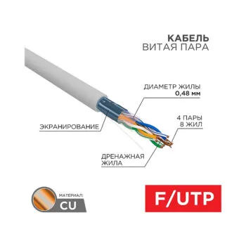 Каб.в.п, F/UTP, CAT 5е,медн. PVC, 4PR, 24AWG, INDOOR, SOLID, серый, 305м PROconnect 01-0152