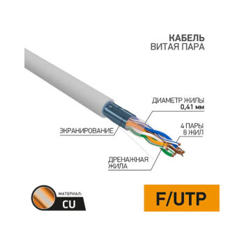 Каб. в. п. F/UTP, CAT 5е, медн.PVC, 4PR, 26AWG, INDOOR, SOLID, серый, 305м PROconnect Light 01-0148