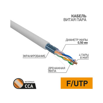 Каб.в.п. омедненный F/UTP, CCA, CAT 5e, PVC, 4PR, 24AWG,INDOOR,SOLID,серый,305м PROconnect 01-0142-3