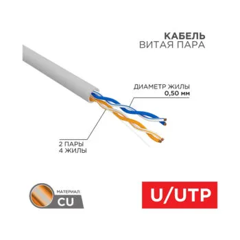 Каб. в.п. U/UTP, CAT 5e,медн. PVC, 2PR, 24AWG, INDOOR, SOLID, серый,01-0023-R
