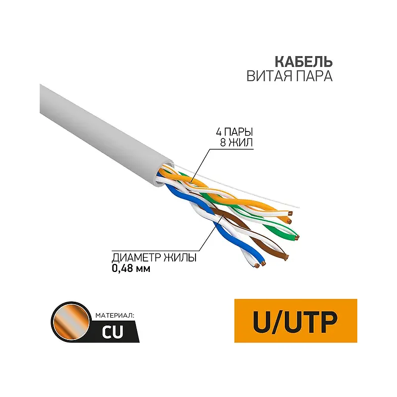 Каб.в.п. U/UTP, CAT 5e, медн.PVC, 4PR, 24AWG, INDOOR, SOLID, серый, 305м PROconnect 01-0052