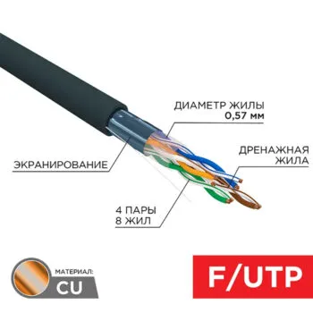 Каб. F/UTP, CAT 6, PE 4х2х0,57мм, 23AWG, внеш.,медн. черный REXANT 01-0158